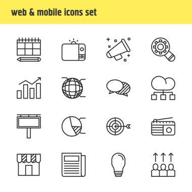 16 Reklam Simgesinin Vektör İllüstrasyonu. Düzenlenebilir Dükkan Paketi, Günlük Basın, Televizyon ve Diğer Elementler.