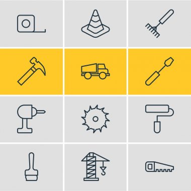 12 sanayi simgeler vektör Illustration. Demir testeresi, kamyon, Roller ve diğer öğeleri düzenlenebilir paketi.