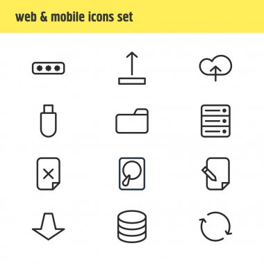 12 depolama simgeler vektör Illustration. Hdd, Datacenter, şartlı tahliye ve diğer öğeleri düzenlenebilir paketi.