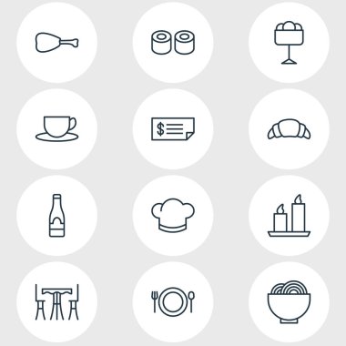 12 Restoran simgeler vektör Illustration. Hesap, dondurma, tablo ve diğer öğeleri düzenlenebilir paketi.