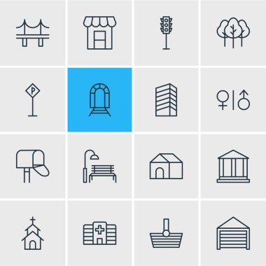 16 altyapı simgeler vektör Illustration. Orman, Tente, tuvalet ve diğer öğeleri düzenlenebilir paketi.