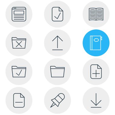 12 Office simgeler vektör Illustration. Eksi, kitap, yükleme ve diğer öğeleri düzenlenebilir sürüsü.