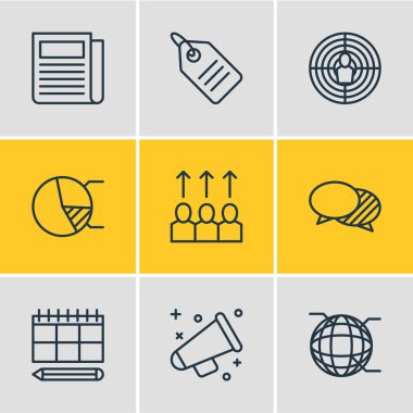 9 pazarlama simgeler vektör Illustration. Düzenlenebilir paketi, ağ, tartışırken, zamanlama ve diğer öğeleri.
