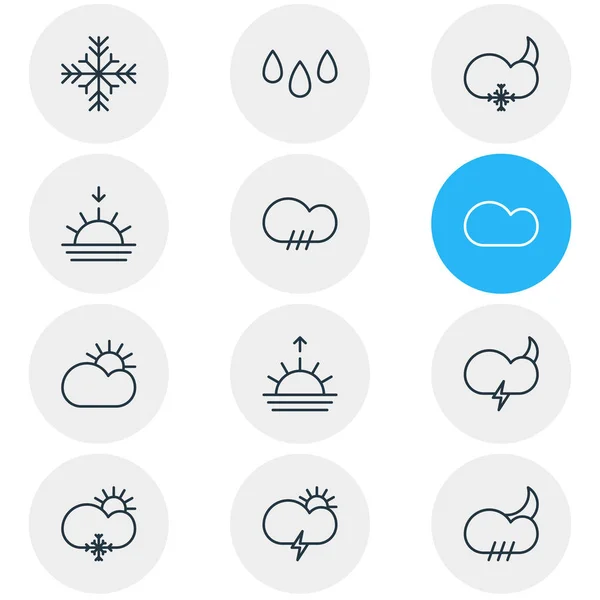 Ilustración vectorial de 12 iconos del cielo. Paquete editable de goteo, copo de nieve, amanecer y otros elementos . — Vector de stock