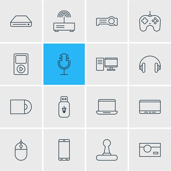 Illustration vectorielle de 16 icônes d'appareils. Pack modifiable de contrôleur de curseur, contrôleur de médias, modem et autres éléments . — Image vectorielle