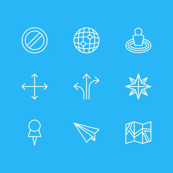Vektorillustration von 9 Navigationssymbolen. Editierbares Paket aus Orientierung, Marker, Welt und anderen Elementen. — Stockvektor