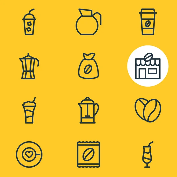 Ilustración vectorial de 12 iconos de la bebida. Paquete editable de café para llevar, refrescos, casa y otros elementos . — Vector de stock