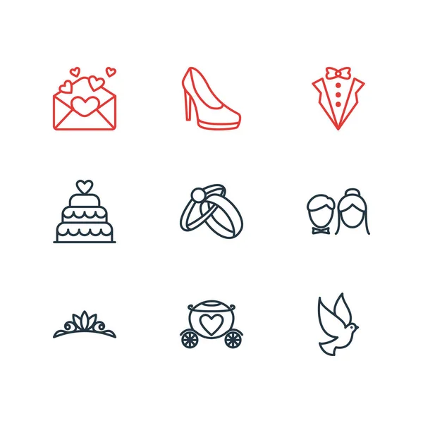 Ilustración vectorial de 9 iconos del matrimonio. Paquete editable de paloma, vestido de novio, pareja y otros elementos . — Archivo Imágenes Vectoriales