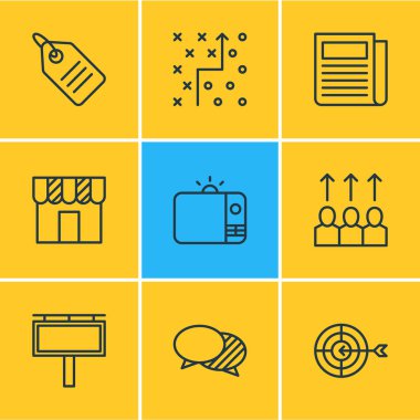 9 pazarlama simgeler vektör Illustration. Düzenlenebilir paket günlük basın, televizyon, taktik planı ve diğer öğeleri.