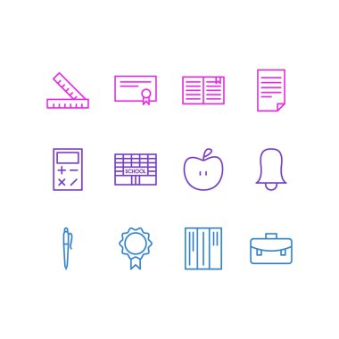 12 çalışmalar simgeler vektör Illustration. Kalem, Diploma, ders kitabı ve diğer öğeleri düzenlenebilir paketi.