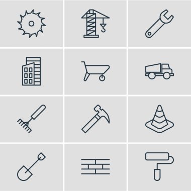 12 sanayi simgeler vektör Illustration. Kamyon, silindir, Daire Blade ve diğer öğeleri düzenlenebilir paketi.