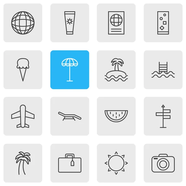 Illustrazione vettoriale di 16 icone estive. Pacchetto modificabile dell'isola, crema anti-sole, elementi dell'apparato della foto . — Vettoriale Stock