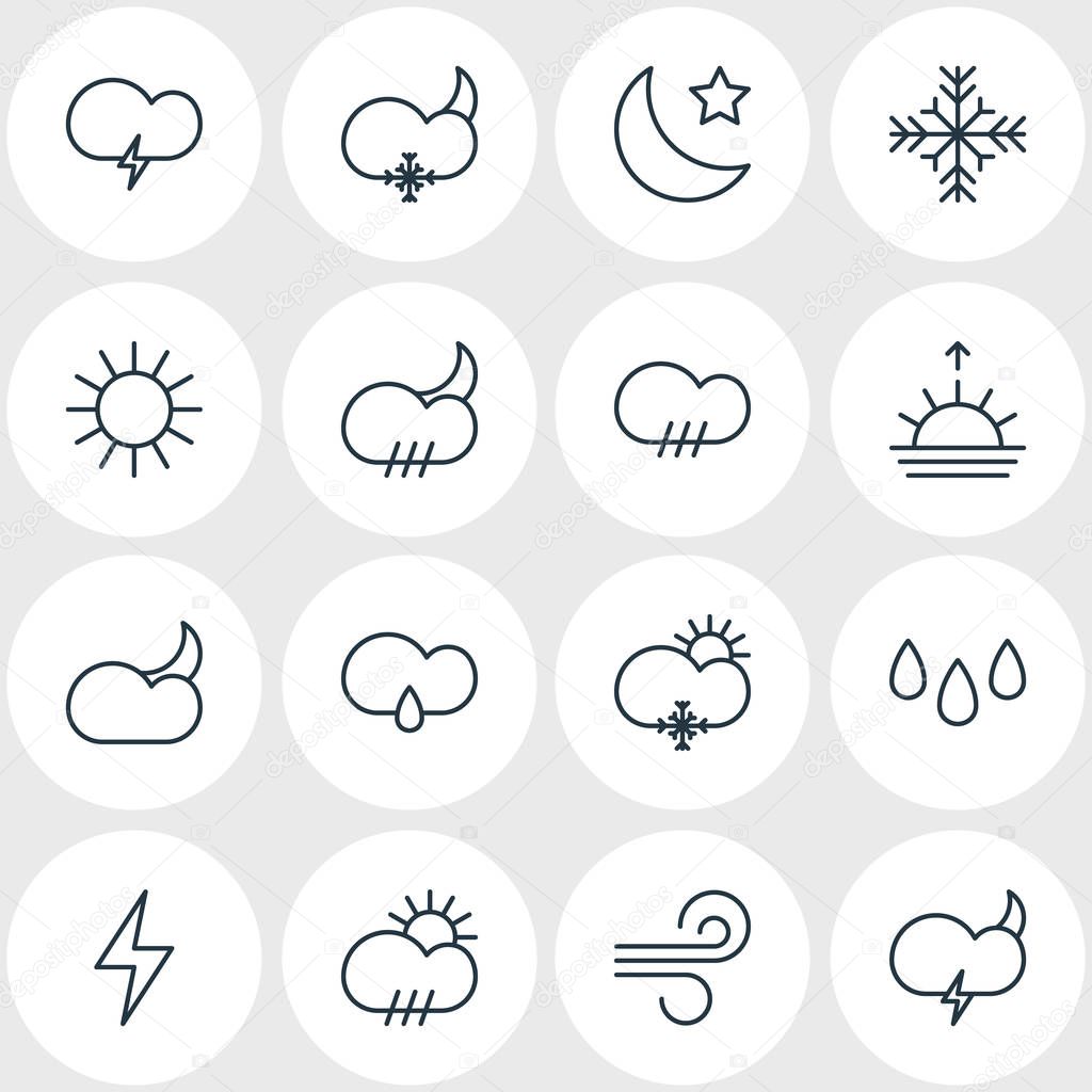 Vector Illustration Of 16 Sky Icons. Editable Pack Of Fulminant, Sunny, Snow And Other Elements.