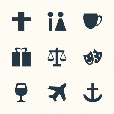 Check-In 9 simgeler vektör Illustration. Maskeler, bugünü, ölçekler ve diğer öğeleri düzenlenebilir sürüsü.