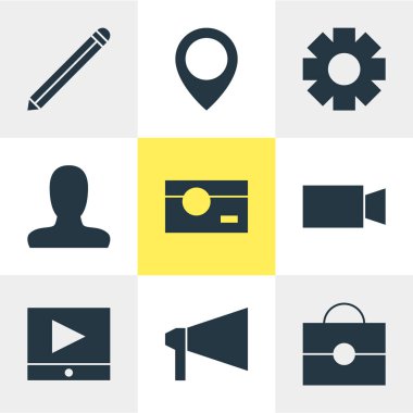 9 Internet simgeler vektör Illustration. İşaretçi, portföy ve diğer öğeleri harita Of Play Button, düzenlenebilir paketi.