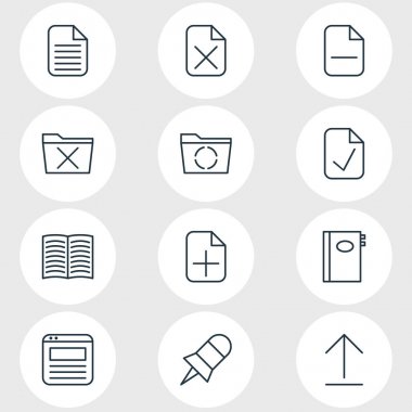 12 büro simgeler vektör Illustration. Not, sayfa, yükleme ve diğer öğeleri düzenlenebilir paketi.