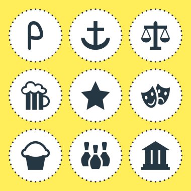 Check-In 9 simgeler vektör Illustration. Skittles, bira bardağı, maskeler ve diğer öğeleri düzenlenebilir paketi.