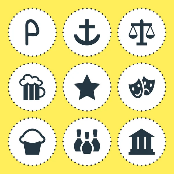 Check-In 9 simgeler vektör Illustration. Skittles, bira bardağı, maskeler ve diğer öğeleri düzenlenebilir paketi.