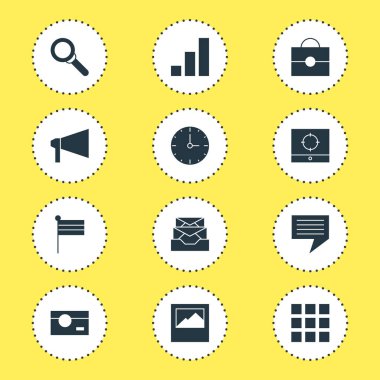 12 Online simgeler vektör Illustration. Kılavuz, hedef kapsam, sohbet ve diğer öğeleri düzenlenebilir paketi.