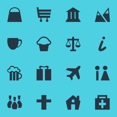 Check-In 16 simgeler vektör Illustration. Skittles, Kahve Dükkanı, uçak ve diğer öğeleri düzenlenebilir paketi.