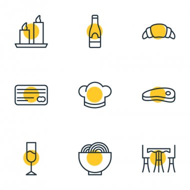 9 Restoran simgeler vektör Illustration. Pastırma, kase, yangın balmumu ve diğer öğeleri düzenlenebilir paketi.