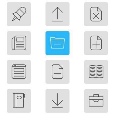 12 büro simgeler vektör Illustration. Ders kitabı, çıkarmak, silme klasör ve diğer öğeleri düzenlenebilir sürüsü.