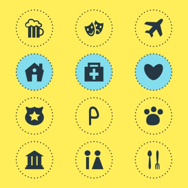 Check-In 12 simgeler vektör Illustration. Cafe, ev, maskeler ve diğer öğeleri düzenlenebilir paketi.