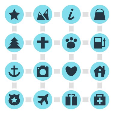 Check-In 16 simgeler vektör Illustration. El çantası, yer imi, kalp öğelerin düzenlenebilir paketi.
