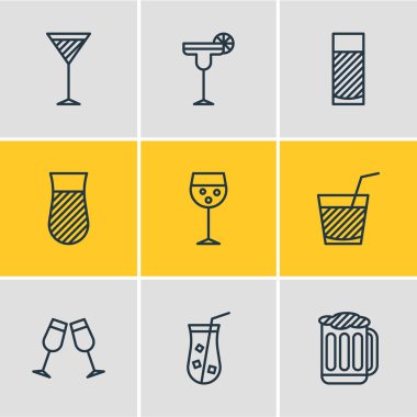 9 içecekler simgeler vektör Illustration. İçecek, meyve suyu, Martini ve diğer öğeleri düzenlenebilir paketi.