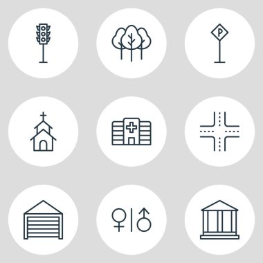 9 şehir simgeler vektör Illustration. Bina, orman, kavşak ve diğer öğeleri düzenlenebilir paketi.