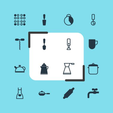 16 yemek simgeler vektör Illustration. Düzenlenebilir paket çay bardağı, ibrik, Ocak ve diğer öğeleri.