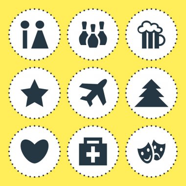 Check-In 9 simgeler vektör Illustration. Uçak, tuvalet, maskeler ve diğer öğeleri düzenlenebilir paketi.