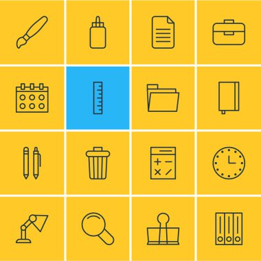 16 araçlar simgeler vektör Illustration. Yapıştırıcı, düzenlenebilir Pack hesaplamak, saat ve diğer öğeleri.