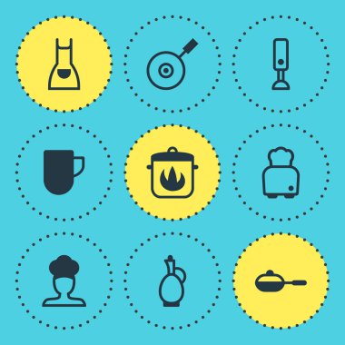 9 Restoran simgeler vektör Illustration. Düzenlenebilir paket tava, tenceresi, sürahi ve diğer öğeleri.