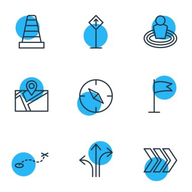 9 yer simgeler vektör Illustration. Pusula, flama, yol ve diğer öğeleri düzenlenebilir sürüsü.