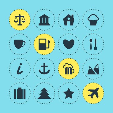 Check-In 16 simgeler vektör Illustration. Çapa, evrak çantası, orman ve diğer öğeleri düzenlenebilir paketi.