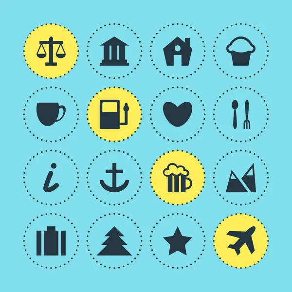 Check-In 16 simgeler vektör Illustration. Çapa, evrak çantası, orman ve diğer öğeleri düzenlenebilir paketi.