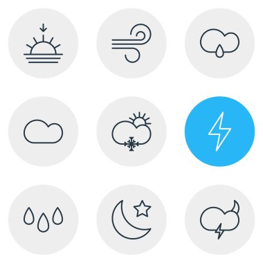 9 gökyüzü simgeler vektör Illustration. Damla, bulutlu, hava ve diğer öğeleri düzenlenebilir sürüsü.