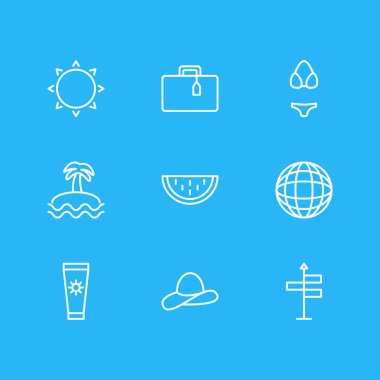 9 yaz simgeler vektör Illustration. Güneşli düzenlenebilir paket, kavun, rehber ve diğer öğeleri.