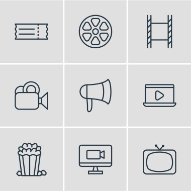 9 film simgeler vektör Illustration. Düzenlenebilir paket Tv, monitör, megafon ve diğer öğeleri.