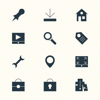 12 Web Simgeler Vektör Illustration. Ekranı Kapla, Büyüteç, oynat düğmesini ve diğer öğeleri düzenlenebilir paketi.