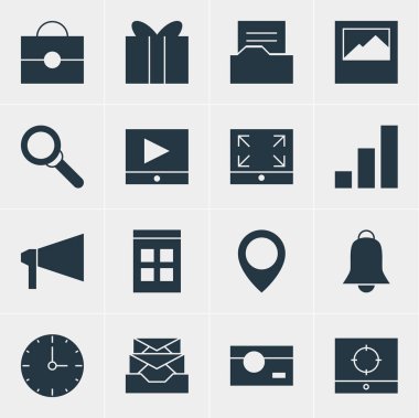 16 Web Simgeler Vektör Illustration. Hedef kapsam, düzenlenebilir Pack Play düğmesi, manzara Foto öğeleri.