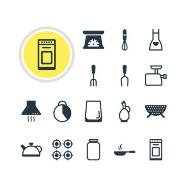 16 Restoran simgeler vektör Illustration. Çatal, önlük, ibrik ve diğer öğeleri düzenlenebilir paketi.