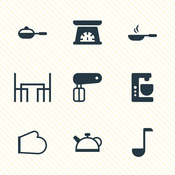 Illustrazione vettoriale di 9 icone utensili da cucina. Pacchetto modificabile di miscelatore, frullato, strumento di misura e altri elementi . — Vettoriale Stock