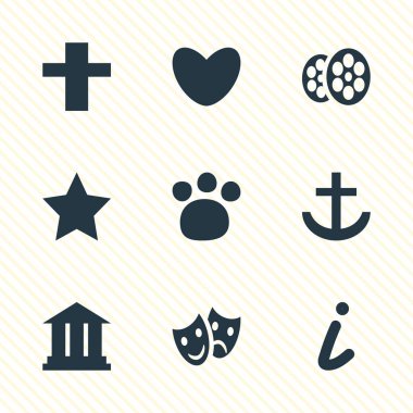 Check-In 9 simgeler vektör Illustration. Üniversitesi, eşleme bilgileri, Film ve diğer öğeleri düzenlenebilir paketi.