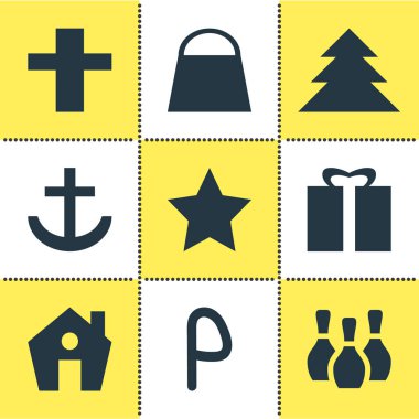 9 yer simgeler vektör Illustration. Çapa, ev, Skittles ve diğer öğeleri düzenlenebilir paketi.