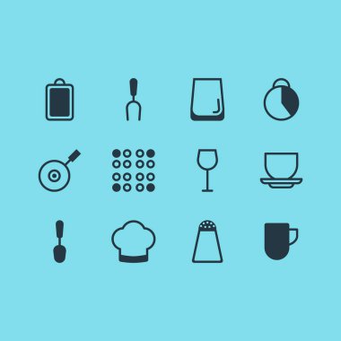 12 Restoran simgeler vektör Illustration. Cam bardak, çay bardağı, Şef ve diğer öğeleri düzenlenebilir paketi.