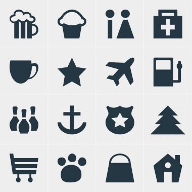 16 seyahat simgeler vektör Illustration. Tuvalet, eczane, bira bardağı ve diğer öğeleri düzenlenebilir paketi.