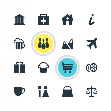 Check-In 16 simgeler vektör Illustration. El çantası, tuvalet, Skittles öğelerin düzenlenebilir paketi.