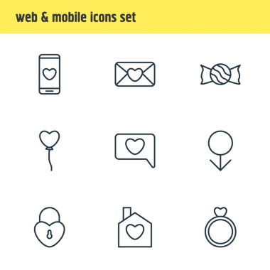 9 aşk simgeler vektör Illustration. Kilit, nişan, davet ve diğer öğeleri düzenlenebilir paketi.